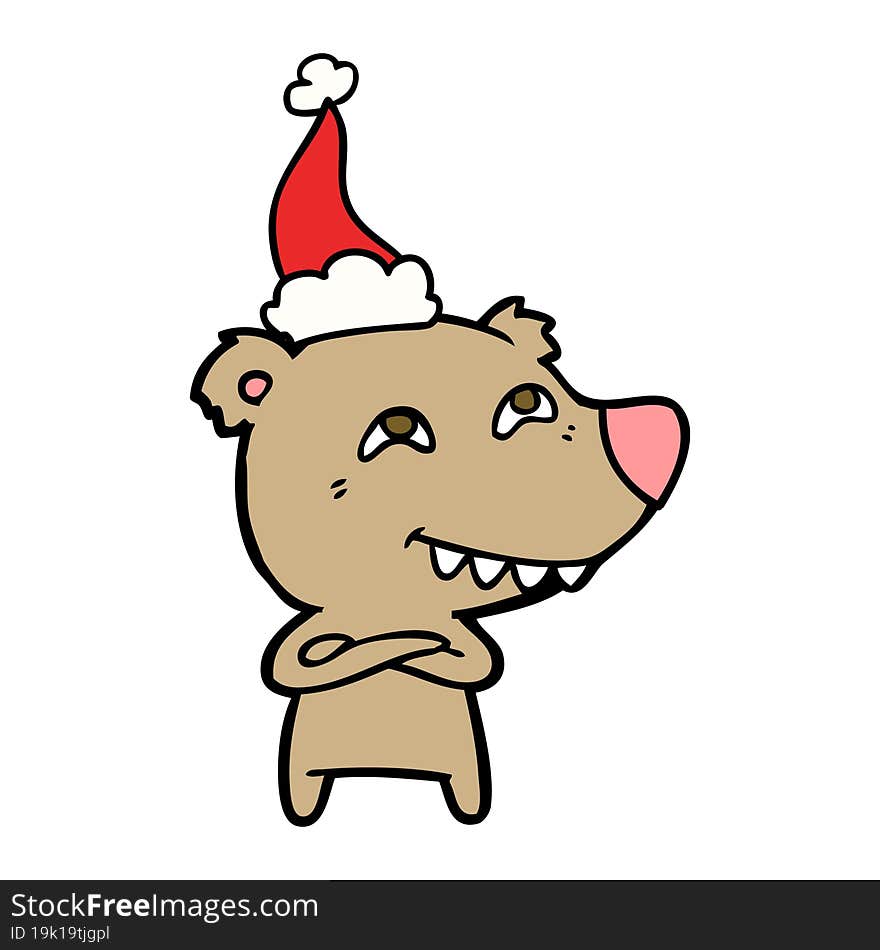 line drawing of a bear showing teeth wearing santa hat