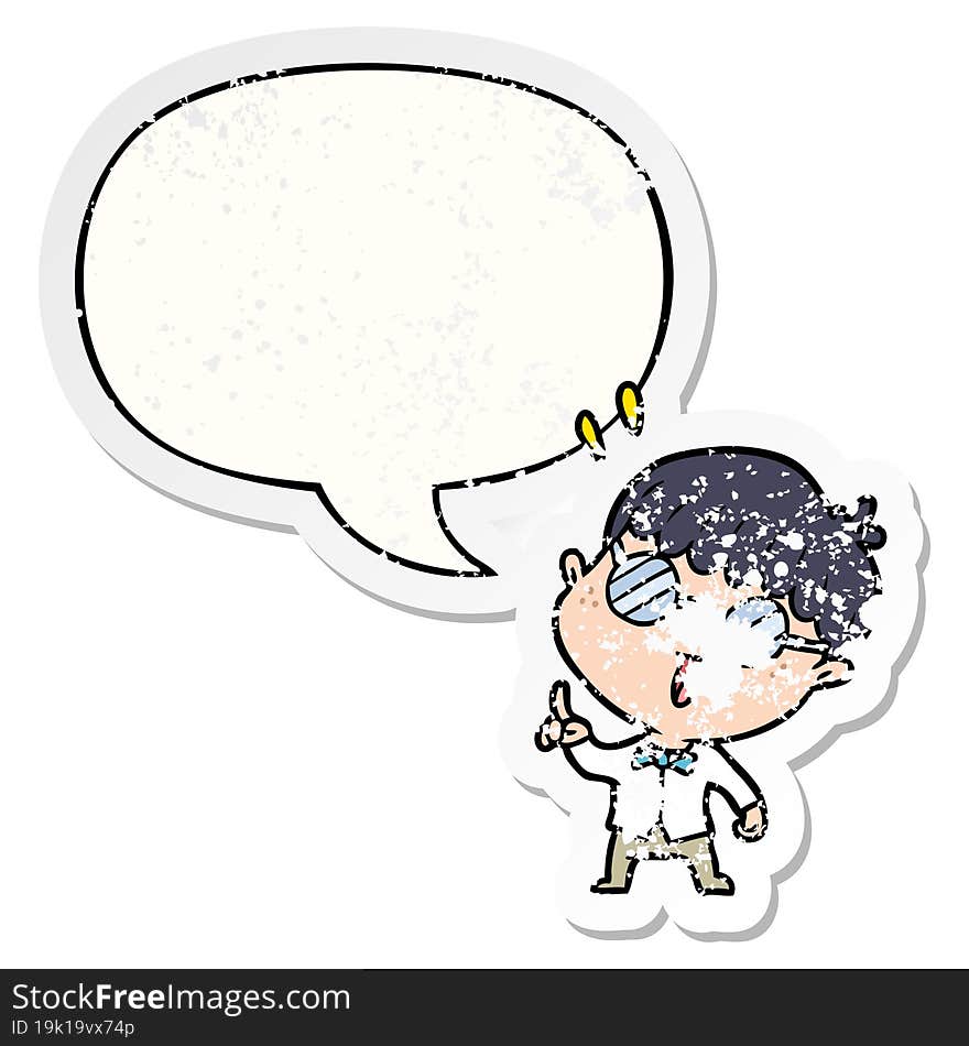 cartoon clever boy and idea and speech bubble distressed sticker