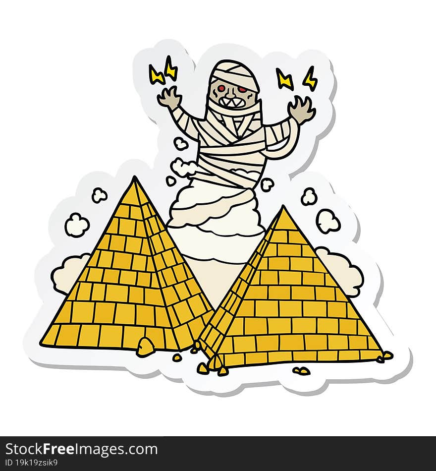 sticker of a cartoon mummy and pyramids