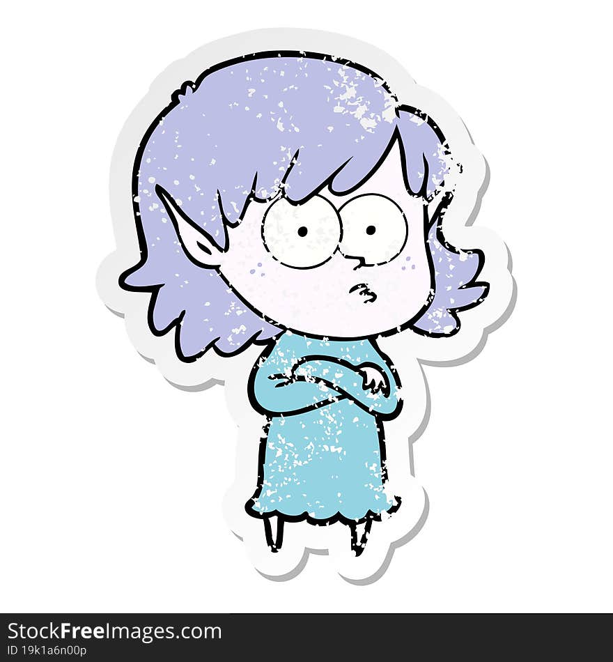 distressed sticker of a cartoon elf girl staring