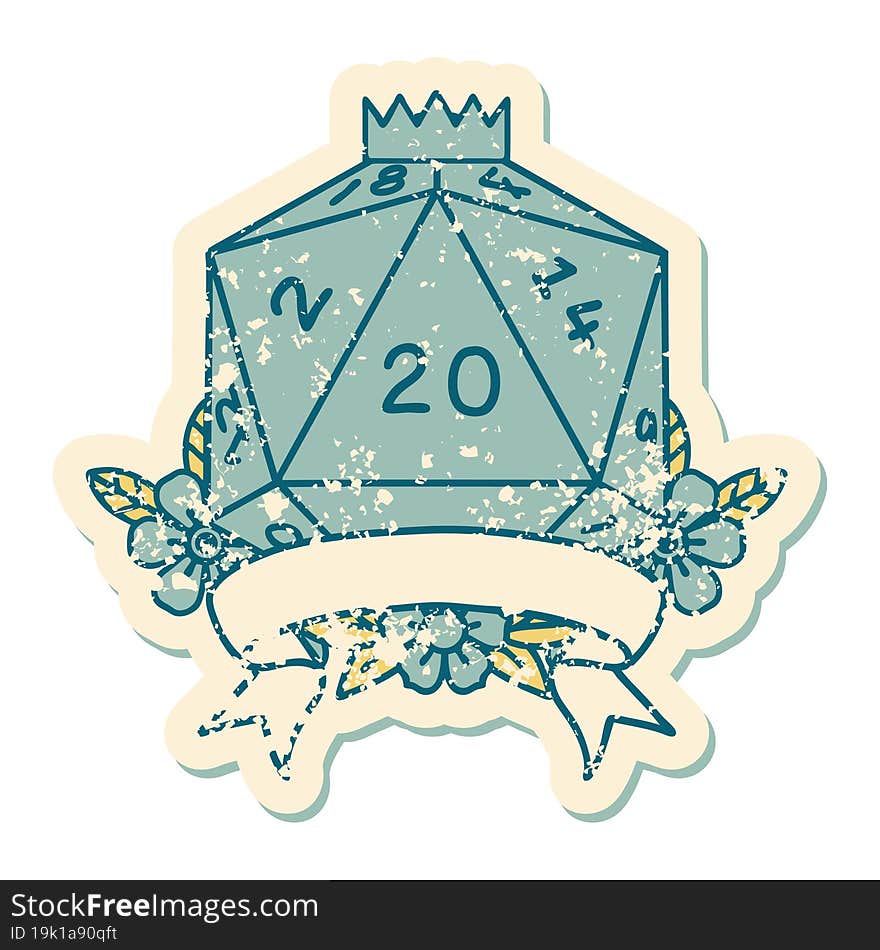 Retro Tattoo Style natural 20 critical hit D20 dice roll. Retro Tattoo Style natural 20 critical hit D20 dice roll