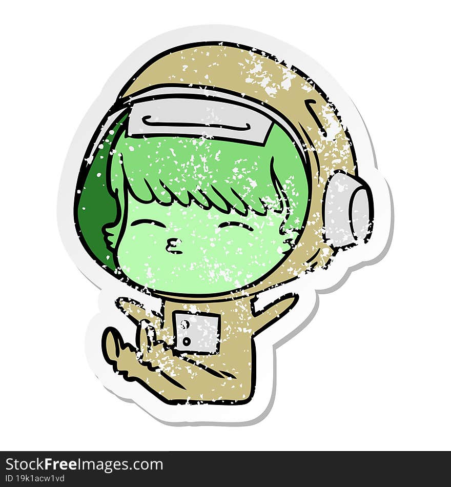 distressed sticker of a cartoon curious astronaut