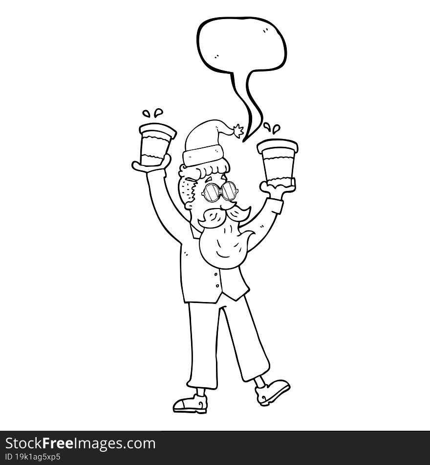 speech bubble cartoon man with coffee cups at christmas