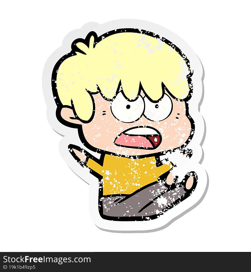 distressed sticker of a worried cartoon boy