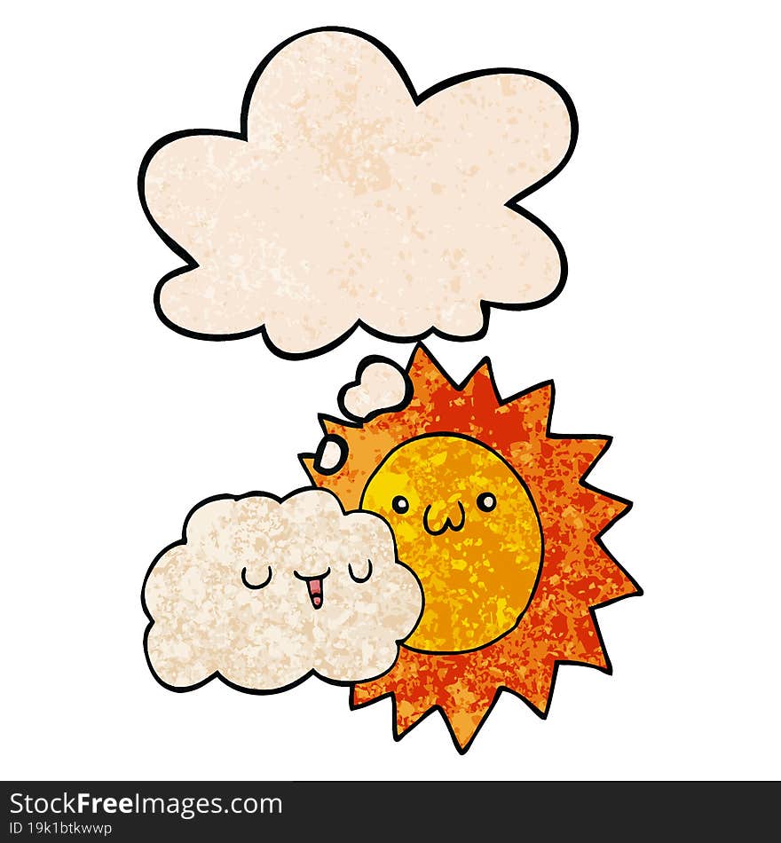 cartoon sun and cloud and thought bubble in grunge texture pattern style