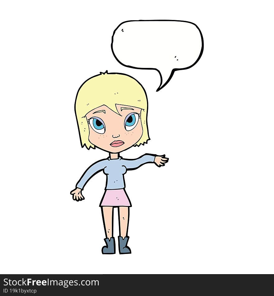 cartoon woman waving hand with speech bubble