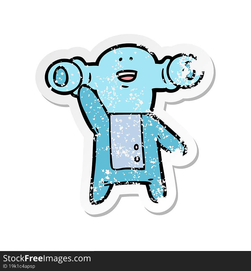 distressed sticker of a friendly cartoon alien waving