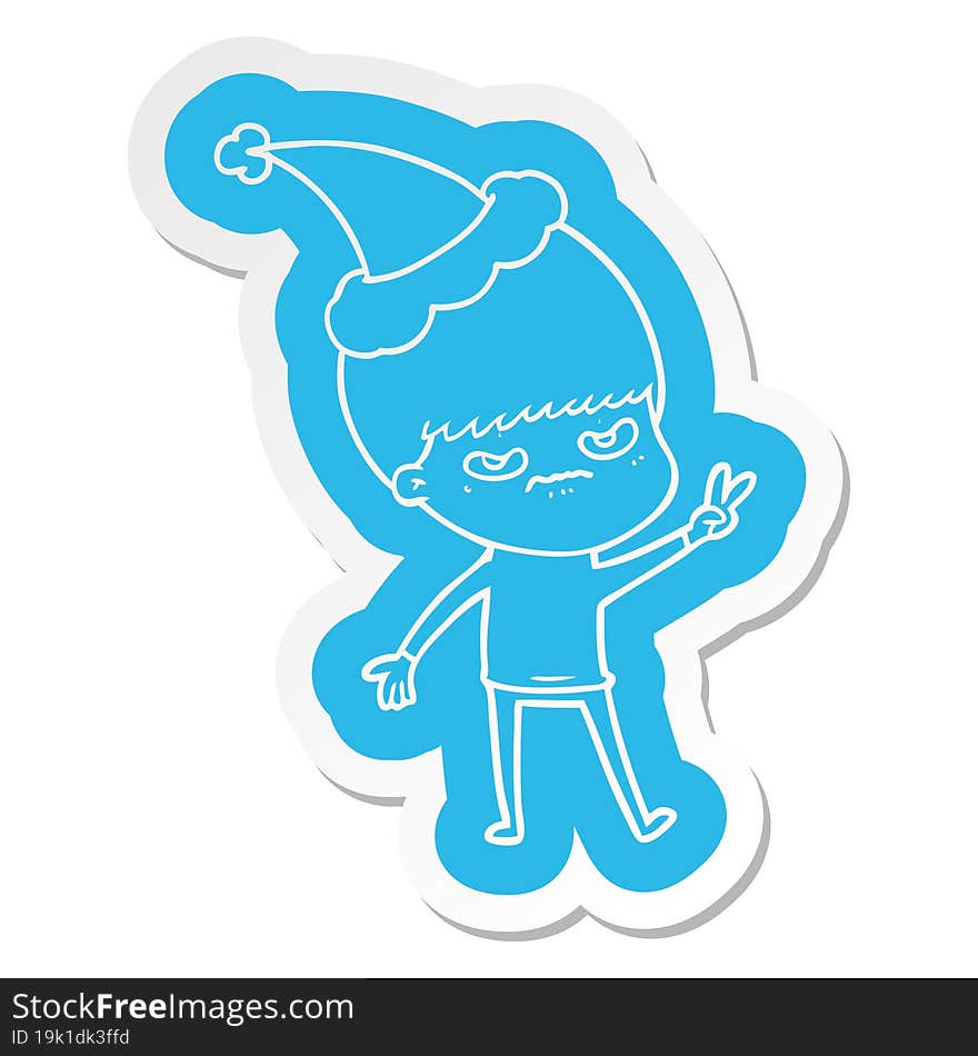 Annoyed Cartoon  Sticker Of A Boy Wearing Santa Hat