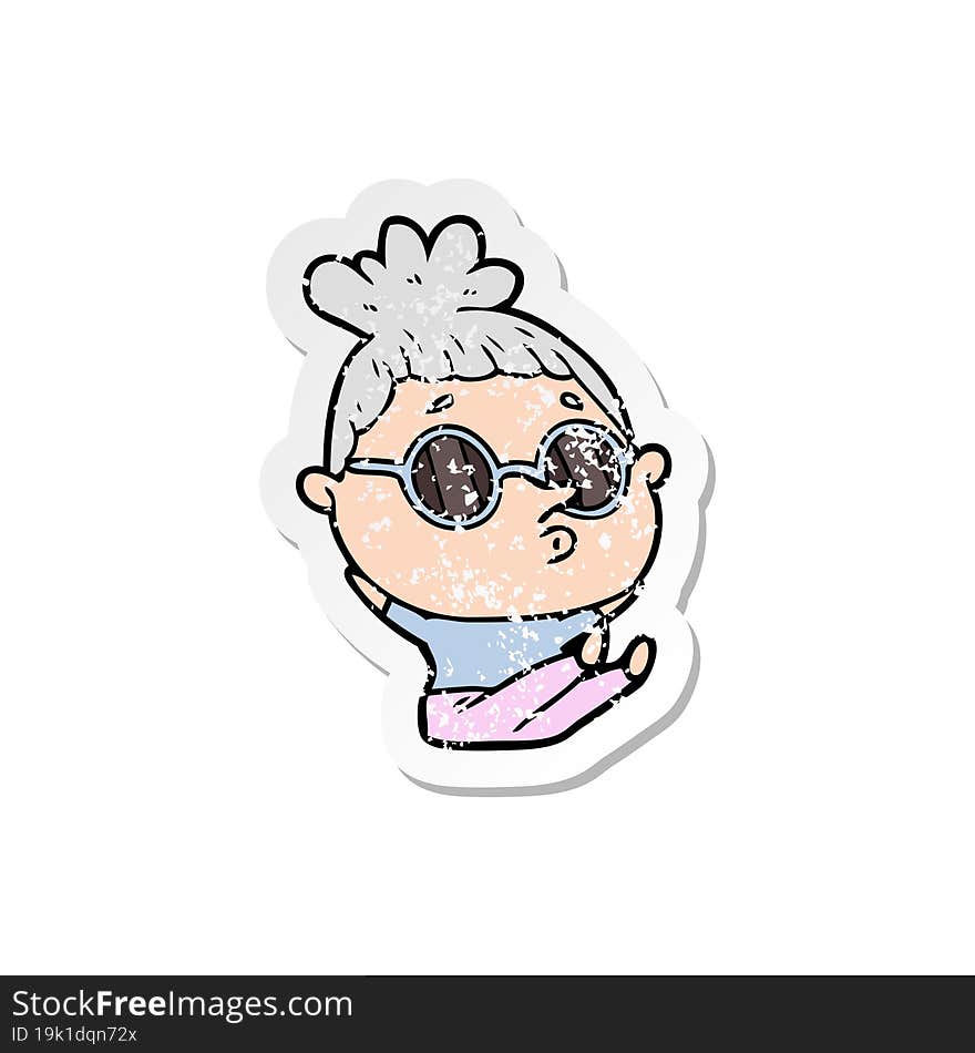 distressed sticker of a cartoon woman wearing sunglasses