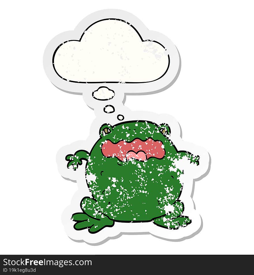 cartoon toad and thought bubble as a distressed worn sticker