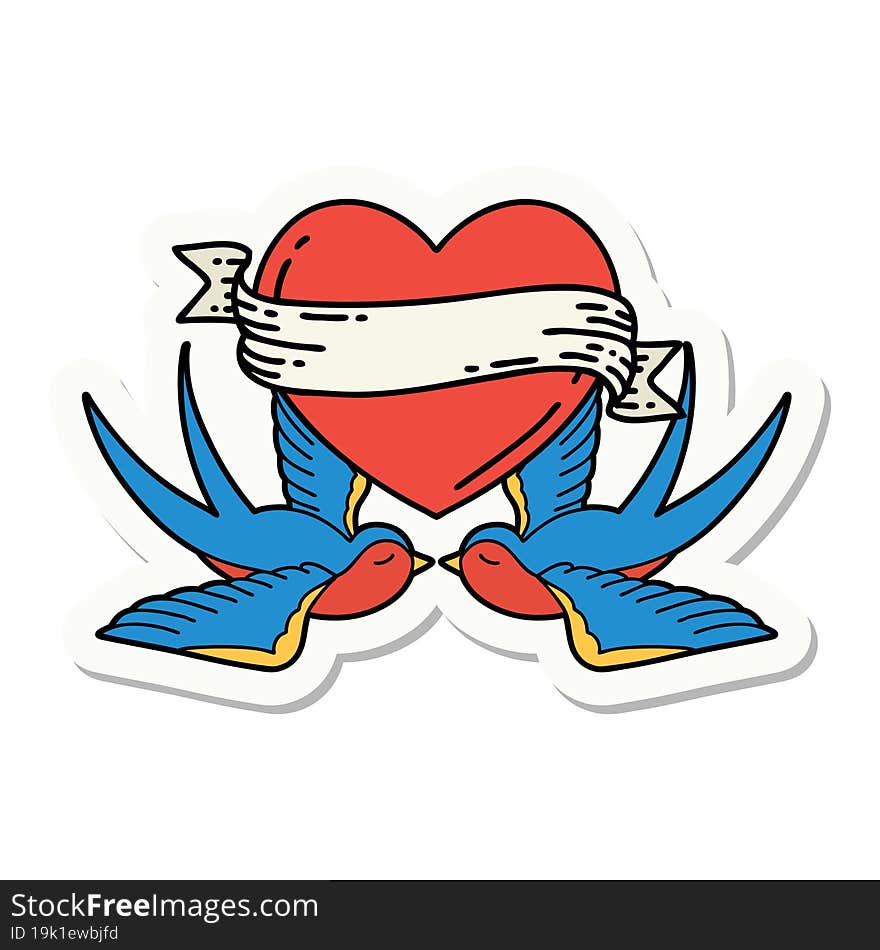 sticker of tattoo in traditional style of swallows and a heart with banner. sticker of tattoo in traditional style of swallows and a heart with banner