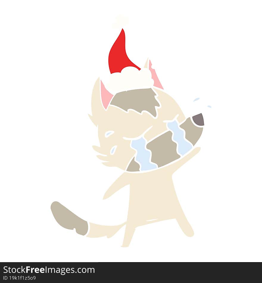 flat color illustration of a crying wolf wearing santa hat