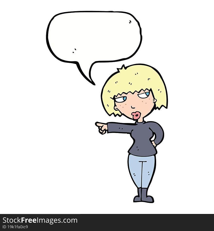 cartoon annoyed woman pointing with speech bubble