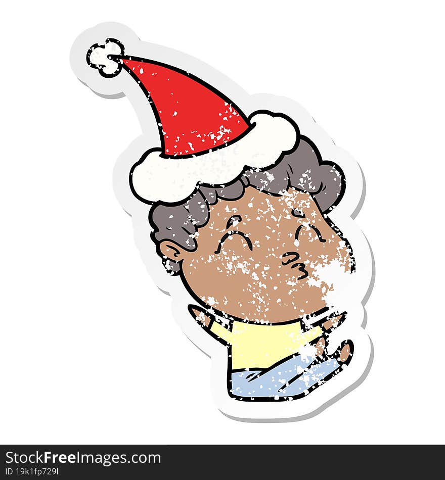 Distressed Sticker Cartoon Of A Man Pouting Wearing Santa Hat