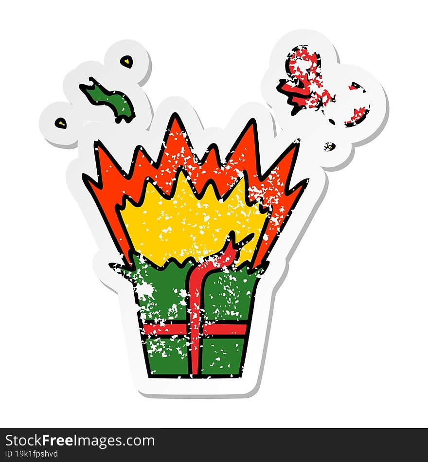 distressed sticker of a quirky hand drawn cartoon of an explosive present