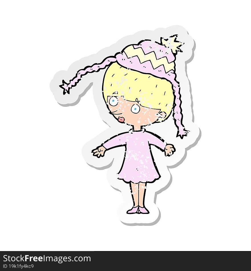 retro distressed sticker of a cartoon woman wearing winter hat