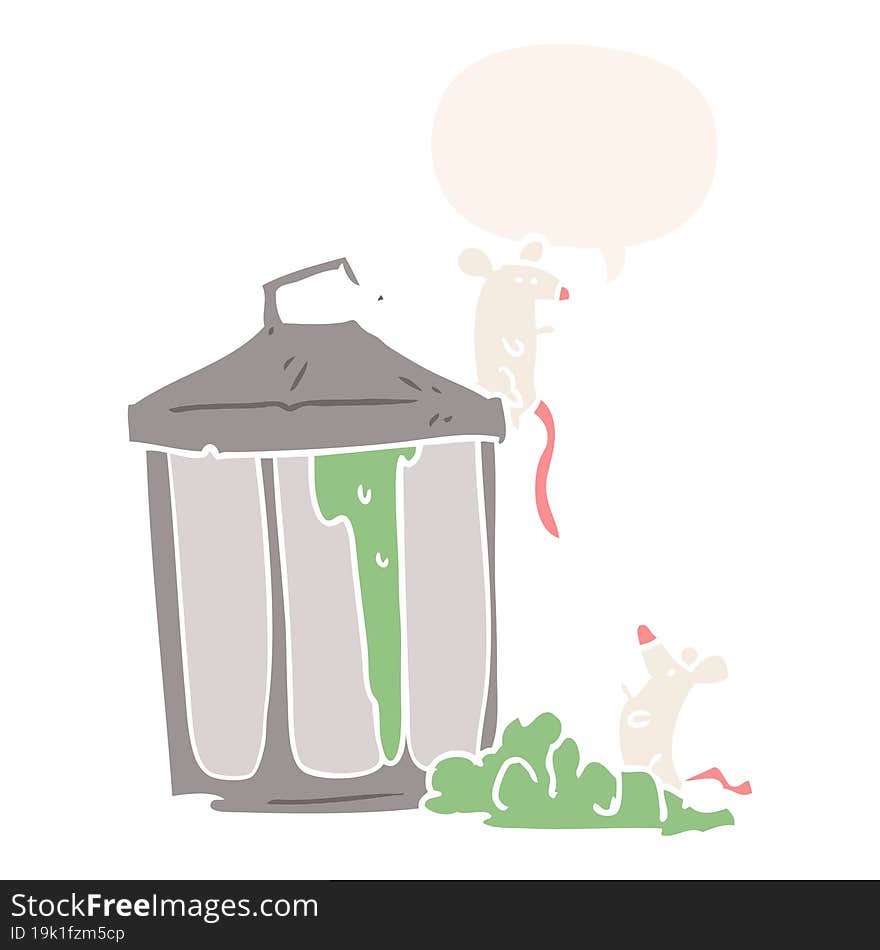 cartoon old metal garbage can with mice with speech bubble in retro style. cartoon old metal garbage can with mice with speech bubble in retro style