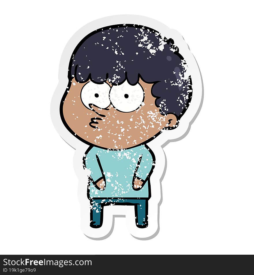 distressed sticker of a cartoon curious boy