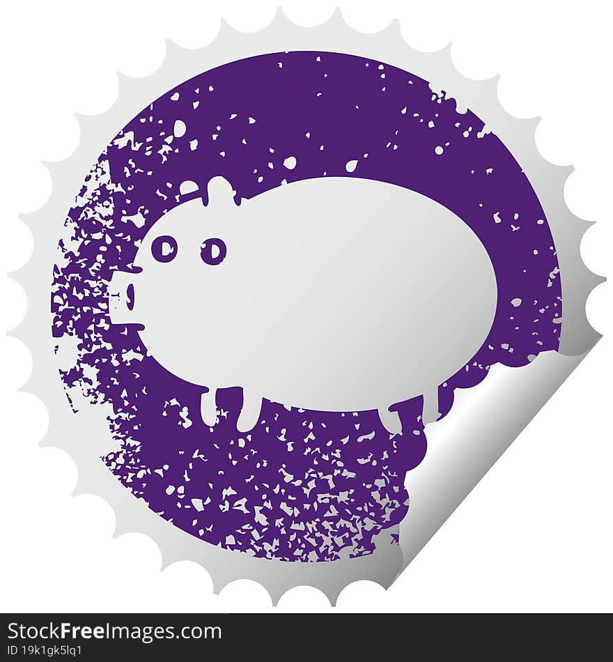 distressed circular peeling sticker symbol of a fat pig