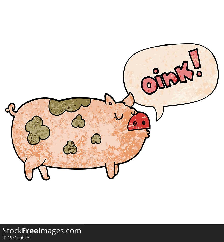 cartoon oinking pig and speech bubble in retro texture style