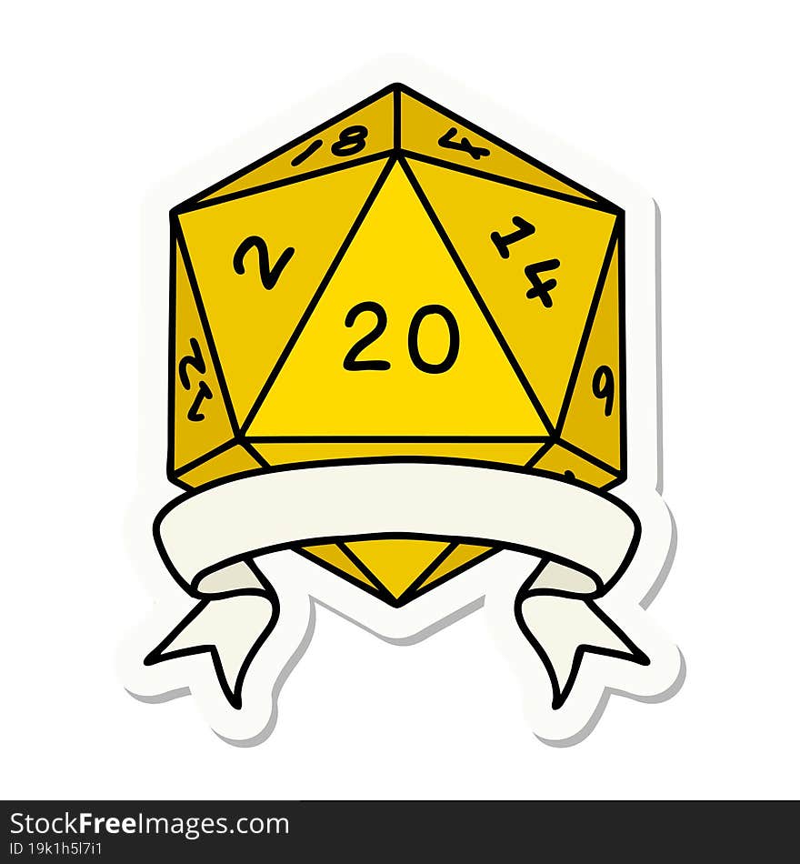 sticker of a natural 20 critical hit D20 dice roll. sticker of a natural 20 critical hit D20 dice roll