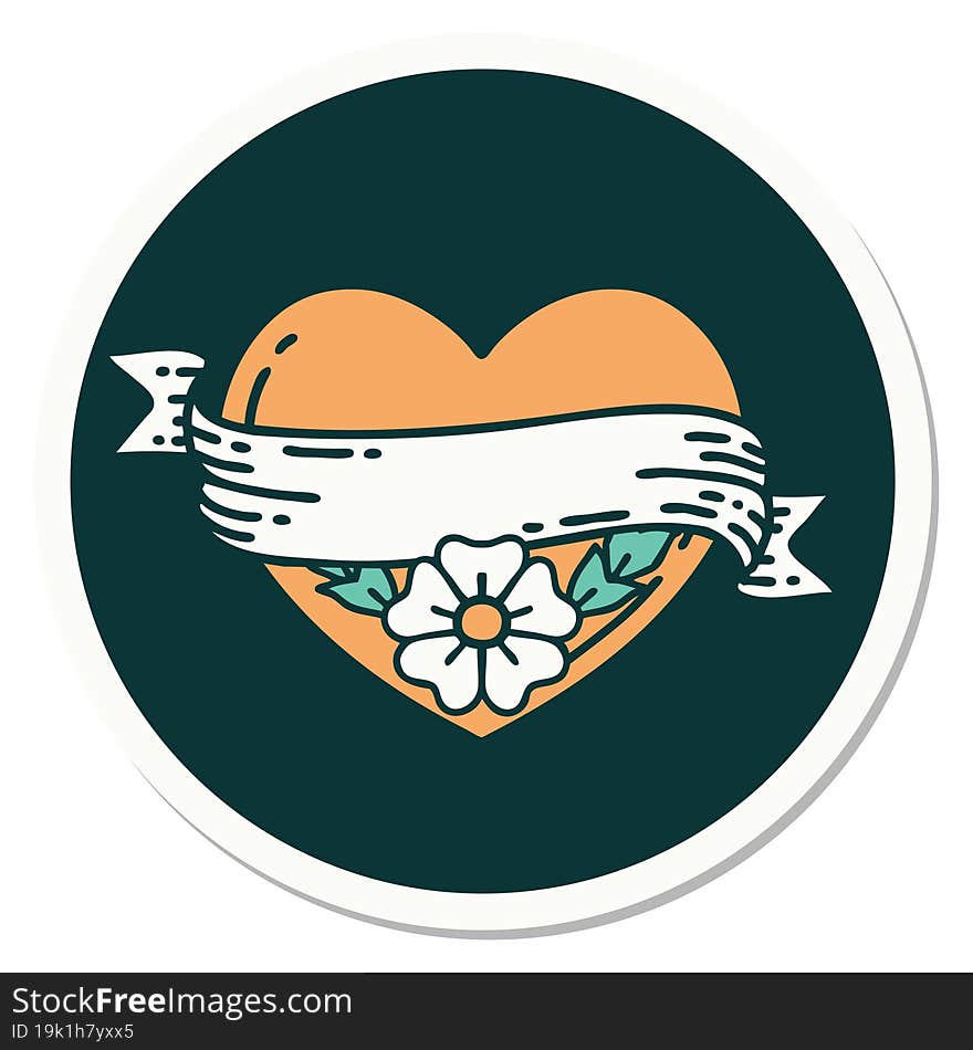 sticker of tattoo in traditional style of a heart and banner with flowers. sticker of tattoo in traditional style of a heart and banner with flowers