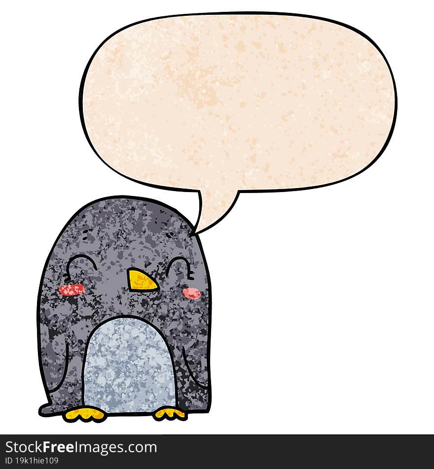 cartoon penguin with speech bubble in retro texture style