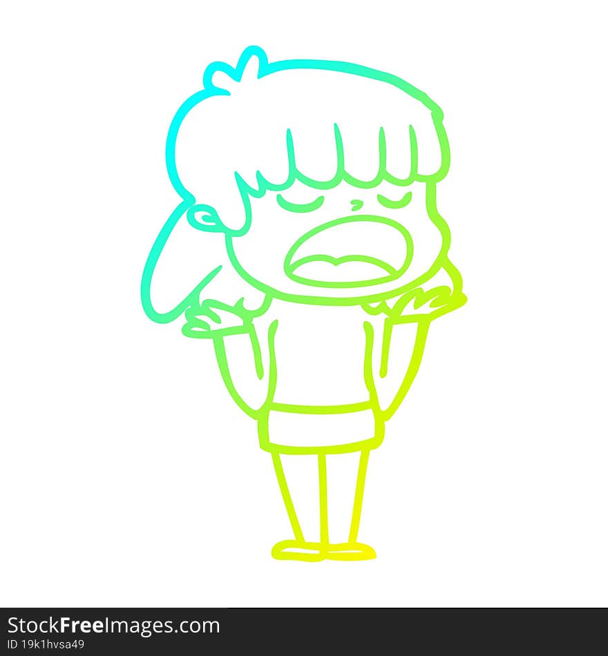 cold gradient line drawing of a cartoon woman talking loudly