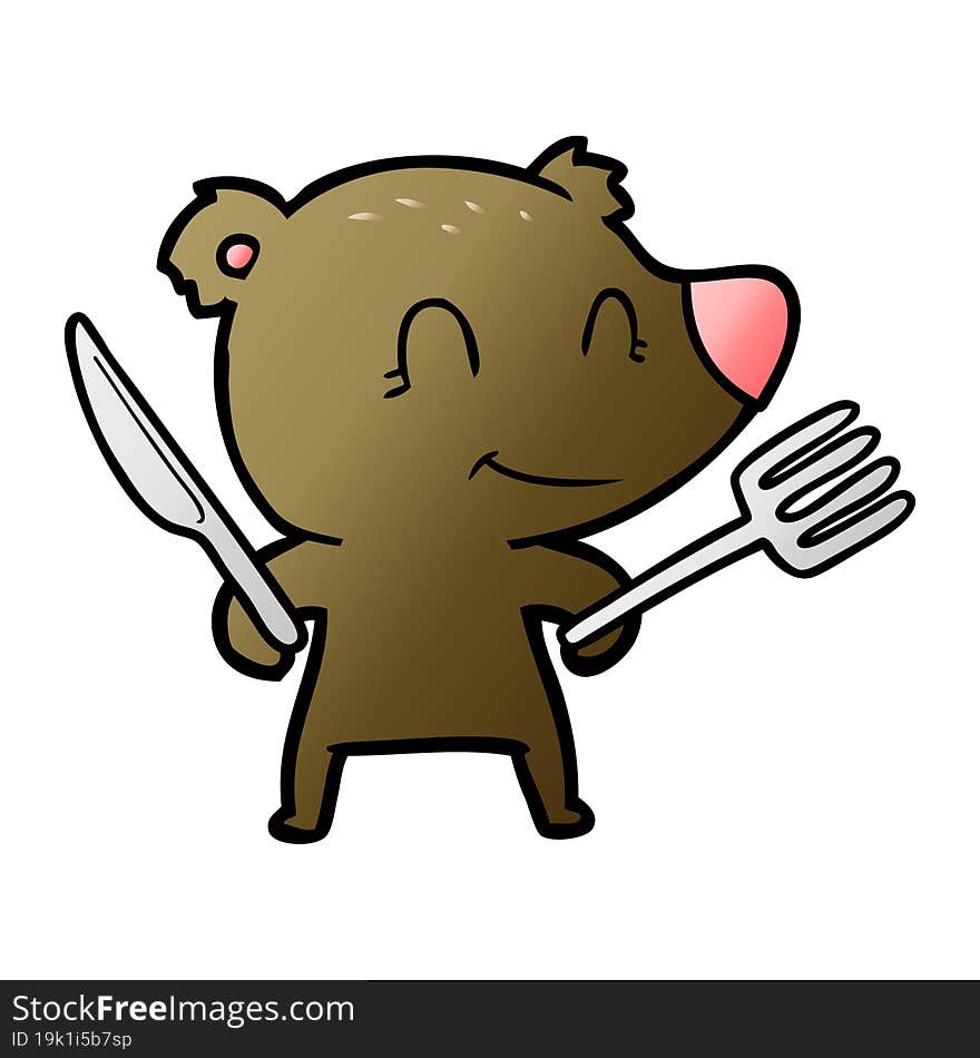 smiling bear cartoon with knife and fork. smiling bear cartoon with knife and fork