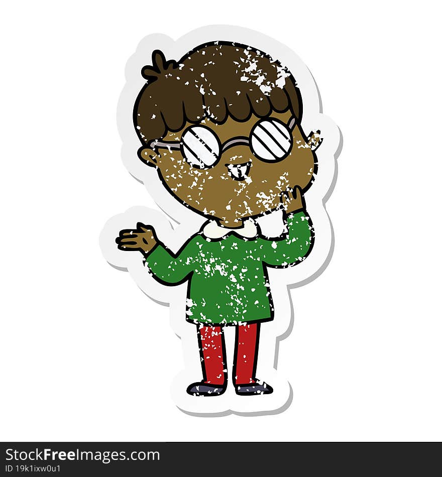 distressed sticker of a cartoon boy wearing spectacles