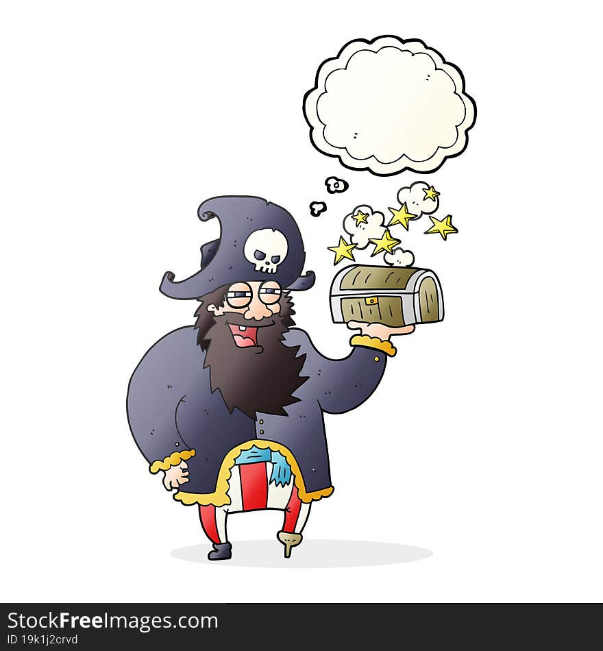 thought bubble cartoon pirate captain with treasure chest