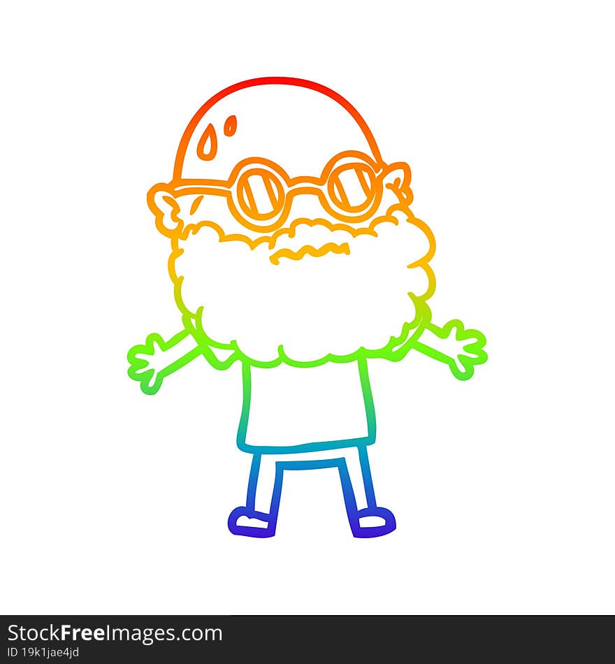 rainbow gradient line drawing of a cartoon worried man with beard and sunglasses