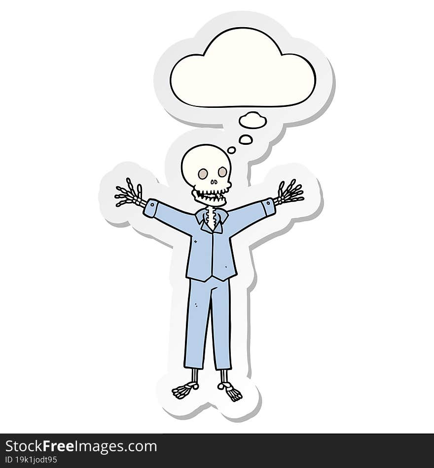 cartoon skeleton wearing pajamas with thought bubble as a printed sticker