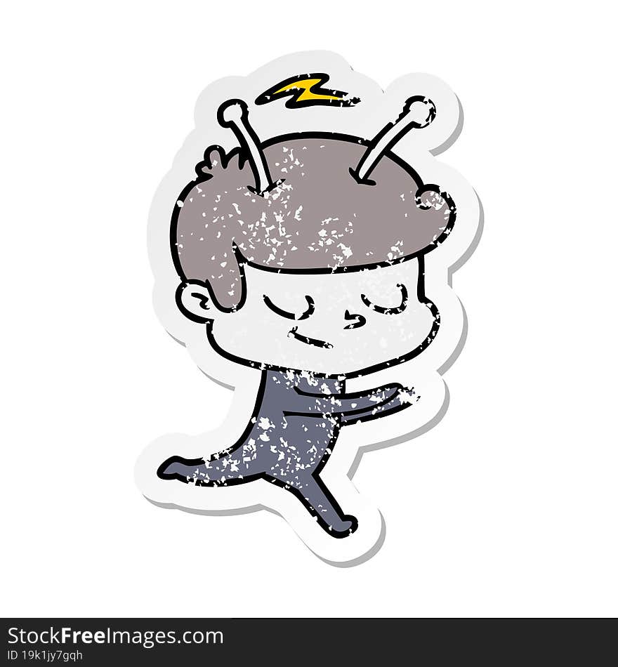 distressed sticker of a friendly cartoon spaceman running