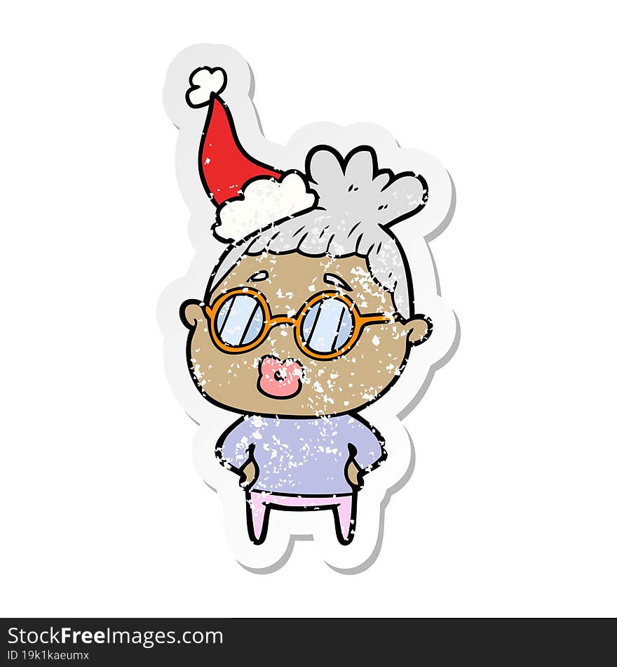 distressed sticker cartoon of a librarian woman wearing spectacles wearing santa hat