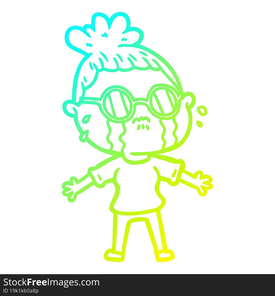 cold gradient line drawing cartoon crying woman wearing spectacles