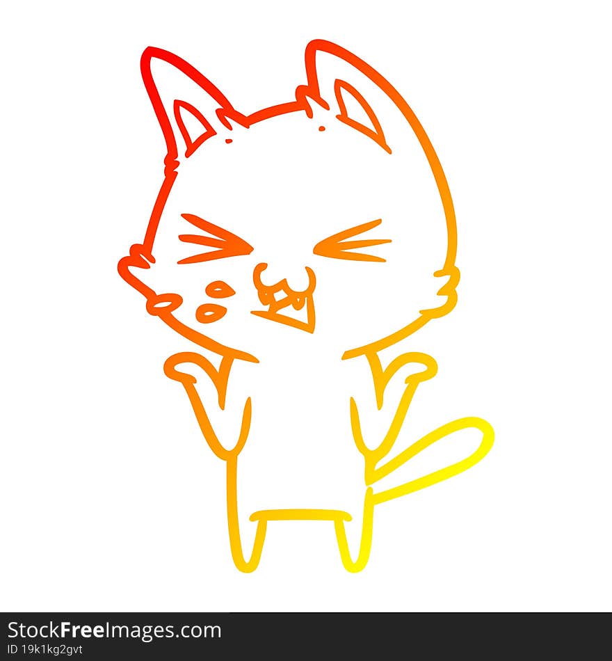 warm gradient line drawing of a cartoon cat hissing