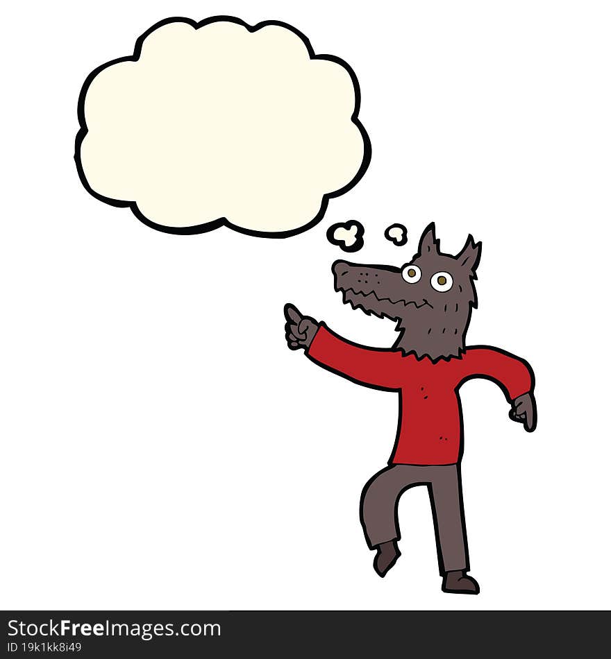 cartoon wolf man with thought bubble