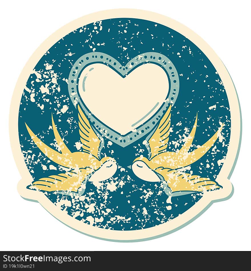 Distressed Sticker Tattoo Style Icon Of A Swallows And A Heart