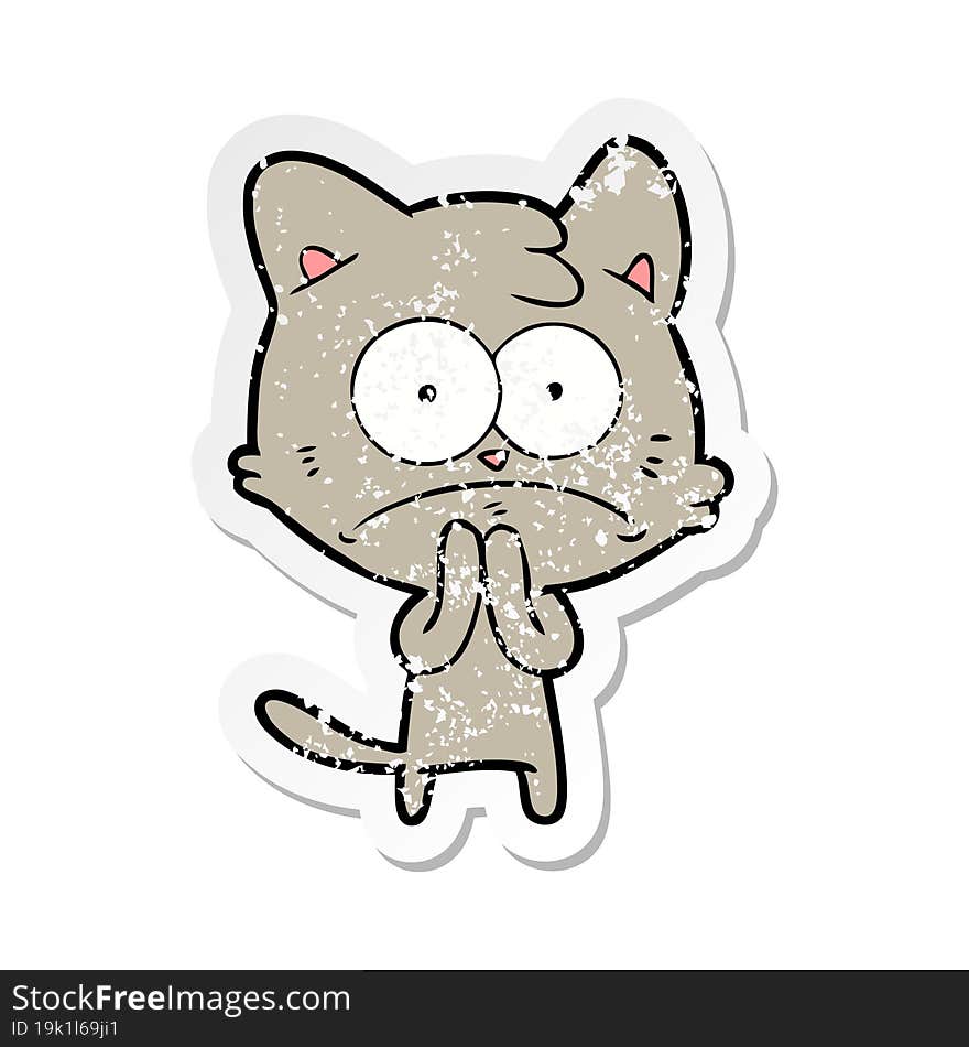 Distressed Sticker Of A Cartoon Nervous Cat