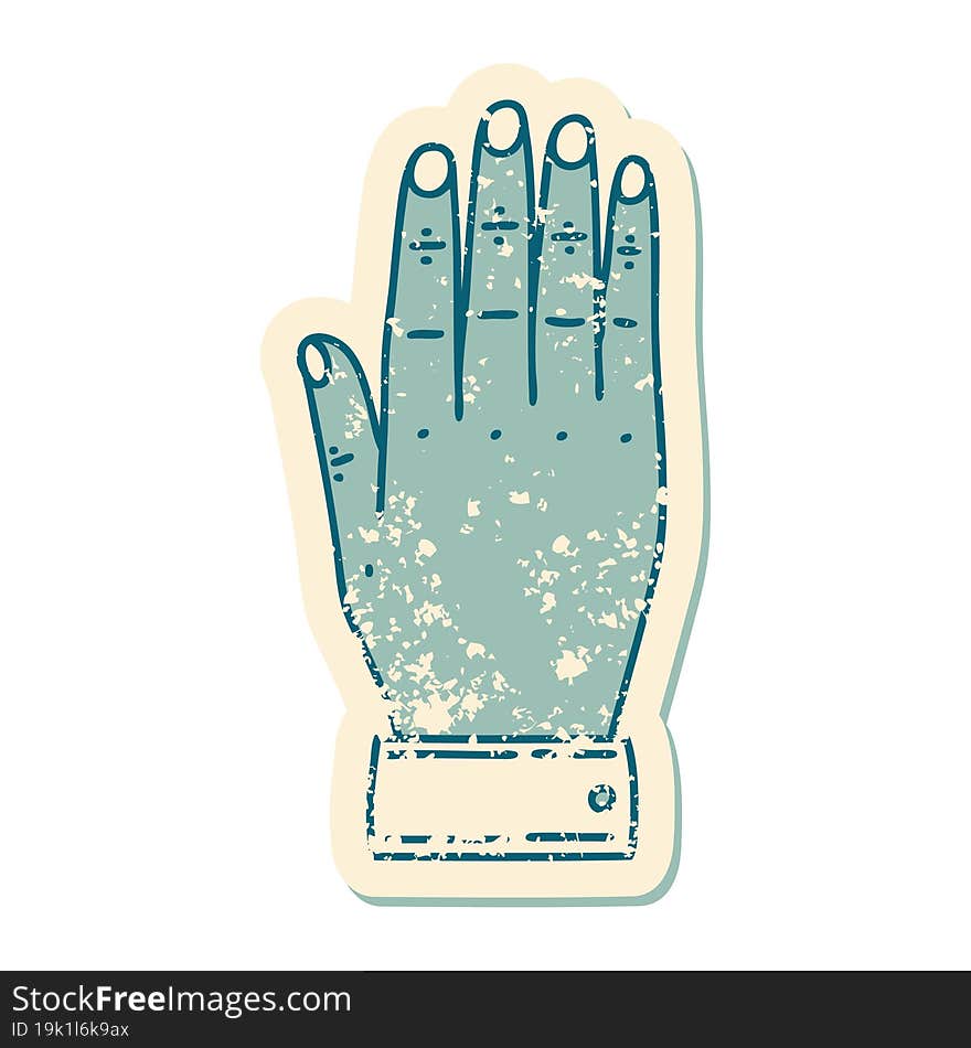 iconic distressed sticker tattoo style image of a hand. iconic distressed sticker tattoo style image of a hand