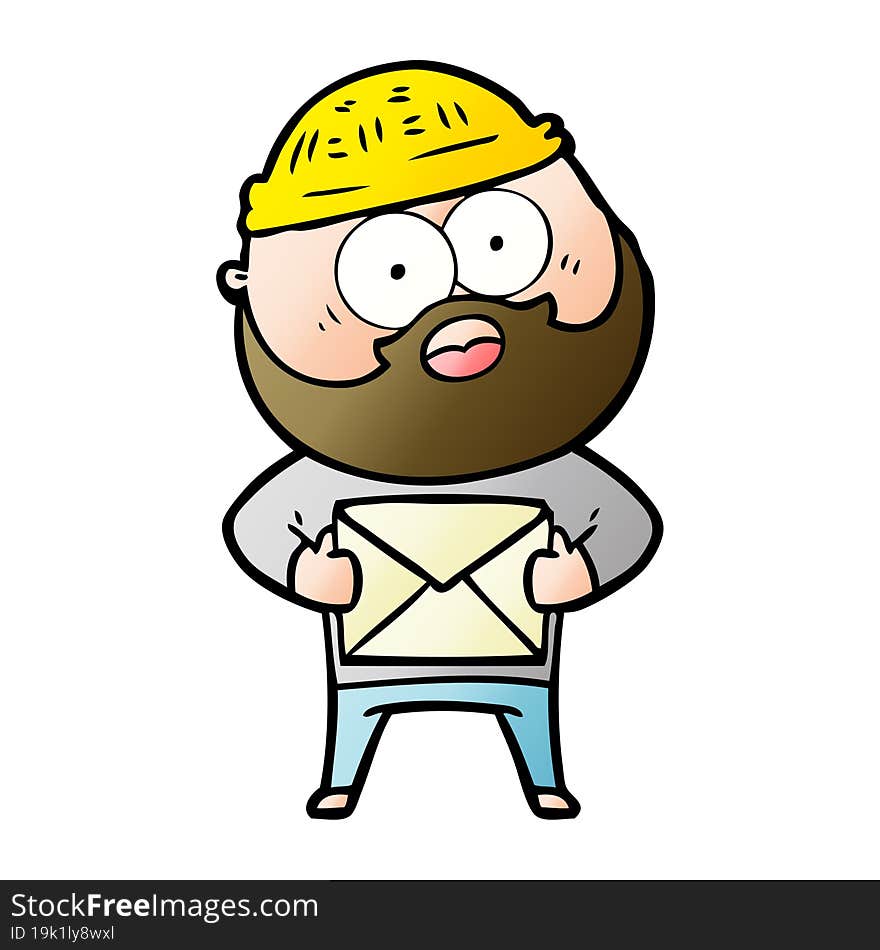 cartoon surprised bearded man holding letter. cartoon surprised bearded man holding letter