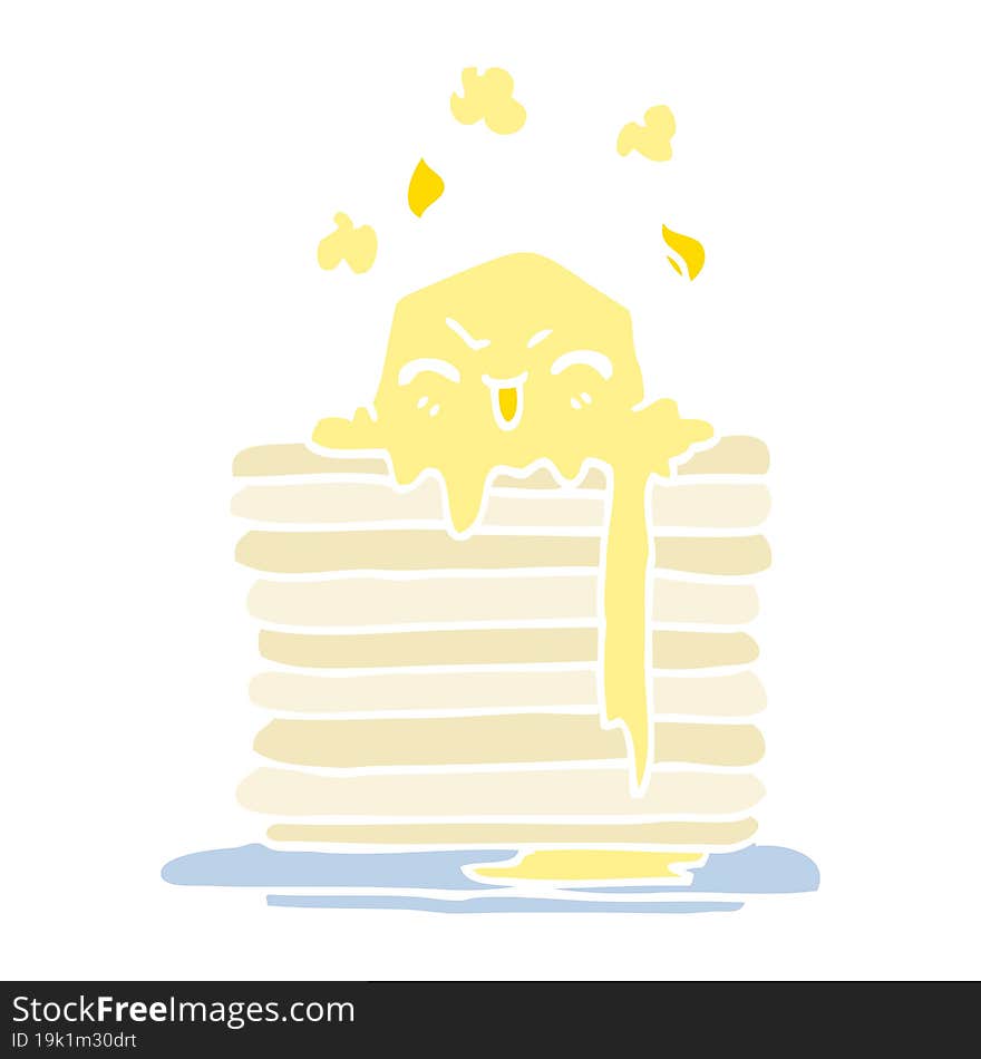 Flat Color Illustration Cartoon Butter Melting On Pancakes