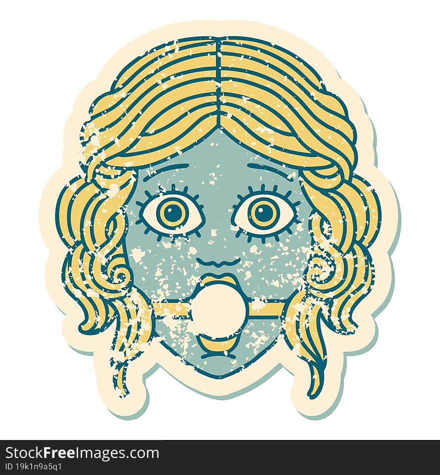 distressed sticker tattoo style icon of female face with ball gag