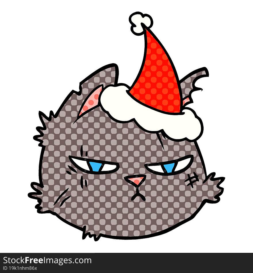 hand drawn comic book style illustration of a tough cat face wearing santa hat