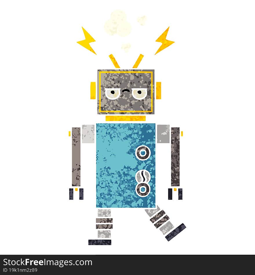 retro illustration style cartoon malfunctioning robot