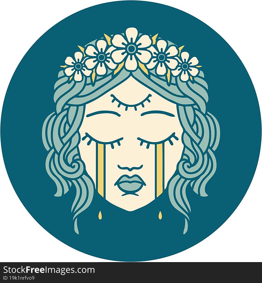 tattoo style icon of female face crying with third eye