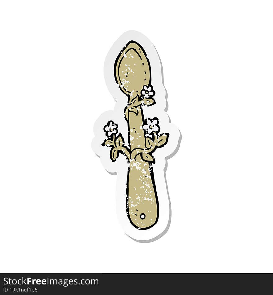 retro distressed sticker of a cartoon wooden spoon