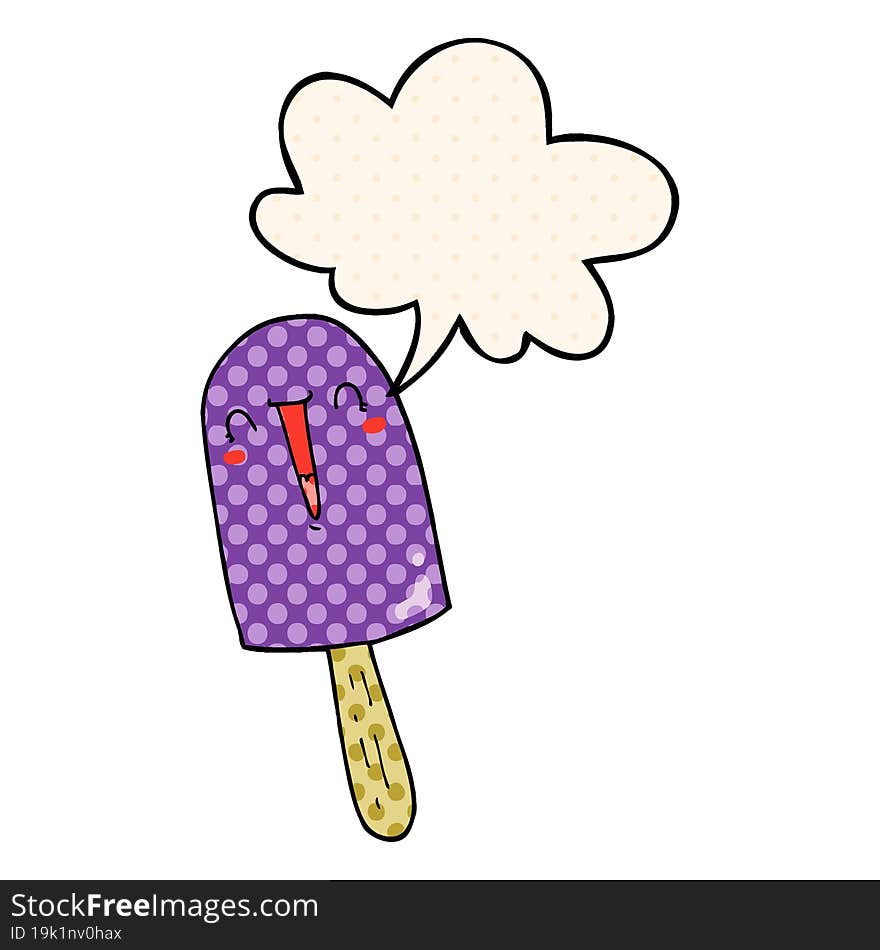 cartoon happy ice lolly and speech bubble in comic book style