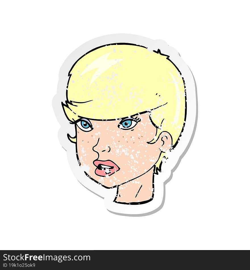 retro distressed sticker of a cartoon pretty female face